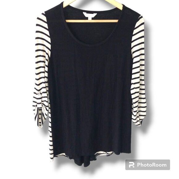 Charming Charlie Medium Striped Blouse-Button Down Back-Roll Tab Sleeve-Classic - Picture 2 of 10